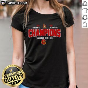 Official NCAA Cornell Big Red 2026 Ivy League Men's Lacrosse Tournament Champions Ladies Tee in red with logo design.