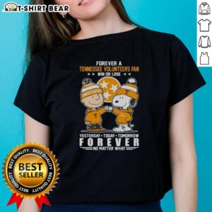 Official Tennessee Volunteers Snoopy and Charlie Brown Forever a Fan Win or Lose Ladies Tee shirt design.