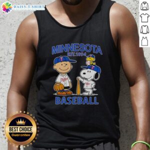 Alt Text: Charlie Brown, Snoopy, and Woodstock wearing Minnesota Twins baseball jersey tank top Est. 1894.