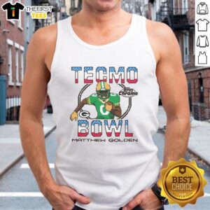 Pretty Tecmo Bowl X Topps Chrome Packers Matthew Golden Tank Top featuring a vibrant sports design for fans.