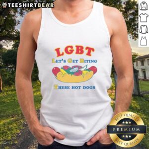 Funny LGBT tank top with 'Let's Get Biting These Hot Dogs' text, perfect for pride events and summer BBQs.