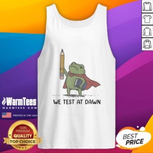 Good teacher frog holding a giant pencil and calculus book, wearing a 'We Test at Dawn' tank top, cheerful and inspiring.