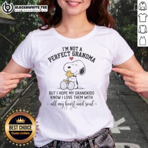 Good I'm Not A Perfect Grandma Snoopy tee for ladies expressing love for grandkids with heartwarming design.