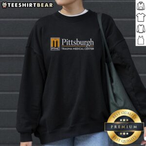 Original Pittsburgh Trauma Medical Center Pitt sweatshirt in navy blue, featuring the iconic 'Pitt' logo and cozy design.