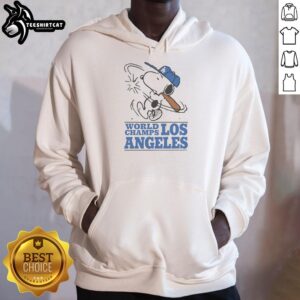 Alt Text: Premium Snoopy X Los Angeles Dodgers World Champs Cartoon Hoodie featuring Snoopy in Dodgers gear celebrating victory.