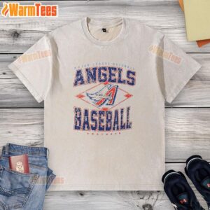 Awesome Los Angeles Angels Major League Baseball Cooperstown Diamond Washed T-Shirt displayed on a wooden surface.