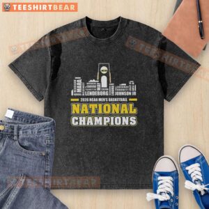Top Michigan Wolverines NCAA Men's Basketball National Champions City Skyline Washed T-Shirt displayed against skyline.