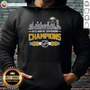 Good Buffalo Sabres 2026 NHL Atlantic Division Champions hoodie featuring players and the city skyline design.
