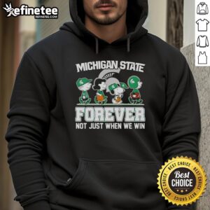Alt Text: Cartoon characters in a hoodie with 'Top Peanuts X Michigan State Spartans Forever Fan' slogan, showcasing fan spirit.