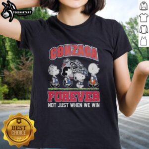 Alt Text: Cute Peanuts characters with Gonzaga Bulldogs logo on a ladies tee, celebrating NBA fandom and team spirit.