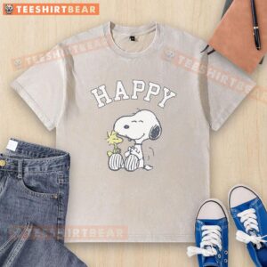 Alt Text: Cute Peanuts Snoopy and Woodstock happy design on a washed t-shirt, perfect for casual and fun outfits.