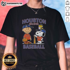 Good Charlie Brown, Snoopy, and Woodstock in Houston Astros jersey, Est. 1962 - stylish ladies' tee design.