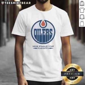 Official Edmonton Oilers NHL Stanley Cup Playoffs big logo t-shirt featuring vibrant team colors and design.