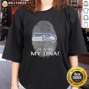 Alt Text: Original Seattle Seahawks NFL It's In My DNA fingerprint ladies tee in vibrant colors, perfect for fans.