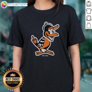 Hot Zay Flowers in Baltimore Orioles mascot tee, celebrating the team's legacy since 1954, stylish ladies' apparel.