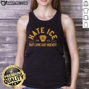 Good Hate Ice But Love Gay Hockey tank top design featuring vibrant colors and playful text, perfect for hockey fans.