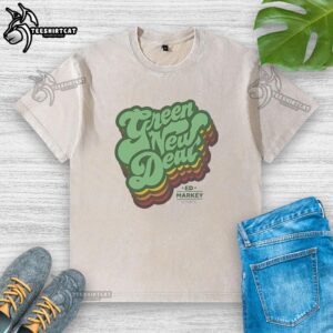 Official Green New Deal washed t-shirt featuring eco-friendly design and vibrant graphics promoting sustainability.