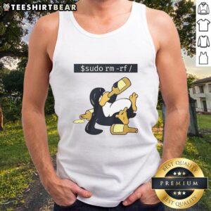 Alt Text: Funny Linux Tux tank top featuring 'sudo rm -rf' design, perfect for tech enthusiasts and programmers.