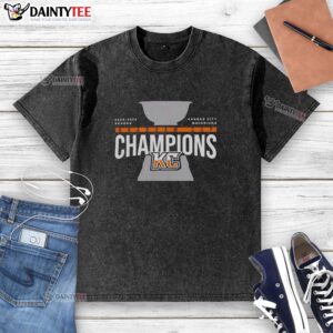 Nice Kansas City Mavericks 2026 Brabham Cup Champions Trophy washed t-shirt featuring vibrant team graphics.