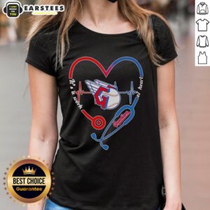 Alt Text: Hot Cleveland Guardians stethoscope heartbeat ladies tee, a stylish tribute for fans and healthcare workers alike.