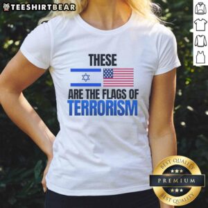 Stylish ladies' tee featuring flags of Israel and the USA, symbolizing a bold statement on terrorism awareness.