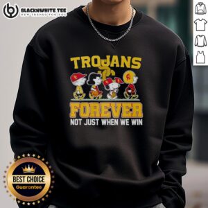 Cozy sweatshirt featuring top Peanuts characters and USC Trojans NFL Forever design, perfect for fans and casual wear.