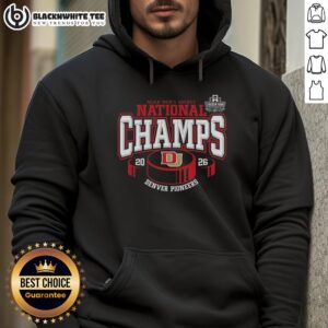 Premium Denver Pioneers 2026 NCAA Frozen Four Men's Ice Hockey National Champions hoodie featuring team logo.