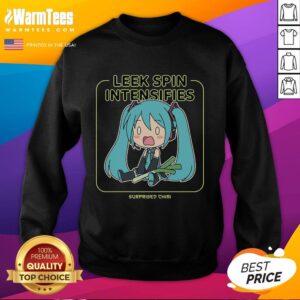 Chibi Miku in a cute sweatshirt, intensifying a spin with a surprised expression, featuring a playful leek design.