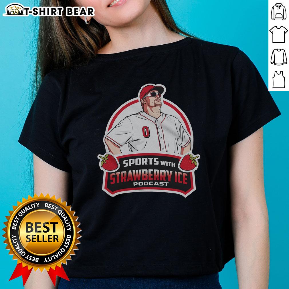Official Baseball With Strawberry Ice Ladies Tee Alt Text: Official baseball with strawberry ice design on ladies tee, perfect for summer sports and casual outings.