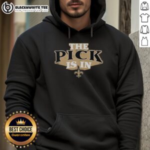 Alt Text: Nice New Orleans Saints 'Pick Is In' hoodie displayed on a hanger, showcasing team pride and stylish fan apparel.