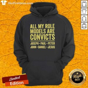 Nice hoodie featuring 'All My Role Models Are Convicts' with names Joseph, Paul, Peter, John, Daniel, and Jesus.