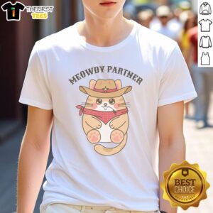 Pretty Meowdy Partner Cowboy Cat T-Shirt featuring a cute cat in cowboy attire, perfect for feline lovers and Western fans.
