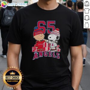 Pretty Charlie Brown and Snoopy Los Angeles Angels 65th Anniversary T-Shirt featuring city skyline, 1931-2026 design.