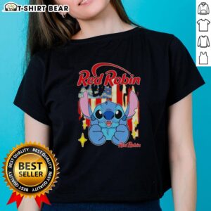 Alt Text: Pretty Stitch Like Red Robin USA Flag Ladies Tee featuring a stylish design perfect for patriotic celebrations.