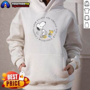 Nice Peanuts hoodie featuring Snoopy and Woodstock with 'Good Things Are Coming' text, perfect for fans of the comic.