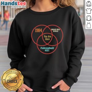Venn diagram sweatshirt featuring 'Brave New World' and 'Fahrenheit 451' for dystopian literature enthusiasts.