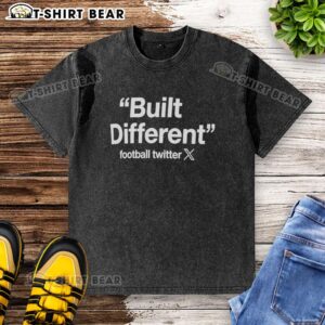 Top Built Different Football Twitter Logo on a washed t-shirt, showcasing sporty style and team pride.