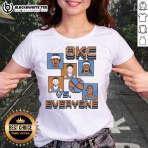 Alt Text: Pretty Oklahoma City Thunder OKC vs Everyone 8 Bit Ladies Tee featuring vibrant graphics for sports fans.