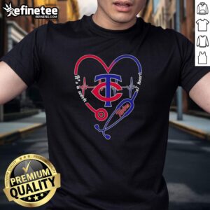 Alt Text: Official Minnesota Twins Stethoscope Heartbeat T-Shirt, featuring a heart designperfect for baseball and healthcare fans.