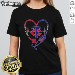 Official Minnesota Twins stethoscope heartbeat graphic on a ladies tee, perfect for baseball fans and healthcare workers.