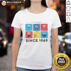 Alt Text: Top Sesame Street original characters design on a ladies tee, celebrating the beloved show since 1969.