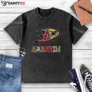 Collage logo of Anaheim Ducks NHL and Anaheim sports teams on a washed t-shirt, perfect for fans and collectors.