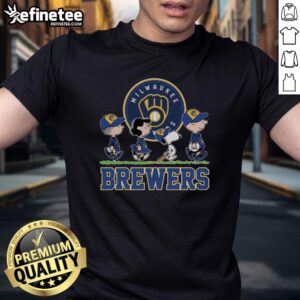Good Snoopy, Charlie Brown, Linus, and Lucy wear Milwaukee Brewers baseball jersey T-shirts in a fun group pose.