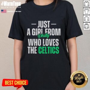 Alt Text: Just a girl from Philly wearing a Boston Celtics ladies tee, showcasing her love for the team.