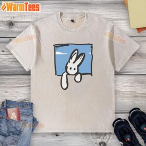 Pretty blue bunny graphic on a washed t-shirt, perfect for casual wear and animal lovers.