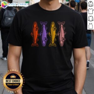 Colorful 80s retro t-shirt featuring a vibrant rainbow trout fish design, perfect for fishing enthusiasts and vintage style lovers.