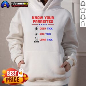 Good Know Your Parasites hoodie featuring deer tick, dog tick, and Luna tick illustrations for tick awareness.
