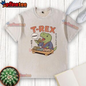 Alt Text: Cute T-Rex breakfast graphic on a washed t-shirt, showcasing fun dinosaur design perfect for casual wear in Japan.