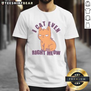 Funny smug cat t-shirt with the phrase 'Nice I Can't Even Right Meow' showcasing a playful feline design.