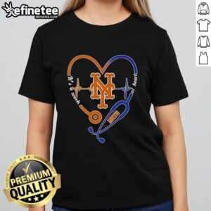 Official New York Mets stethoscope heartbeat ladies tee, showcasing team spirit and love for baseball in stylish design.